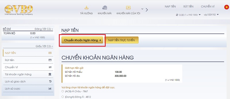 Hướng dẫn thao tác nạp tiền qua tài khoản ngân hàng tại nhà cái VB9